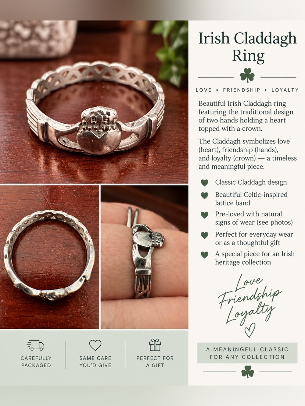 Irish Claddagh Ring Celtic Heart Hands Crown Silver Tone Vintage Style